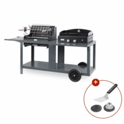 Barbecue Mendy + Plancha Baia 260 Le Marquier Sur Chariot Mixte Ardoise